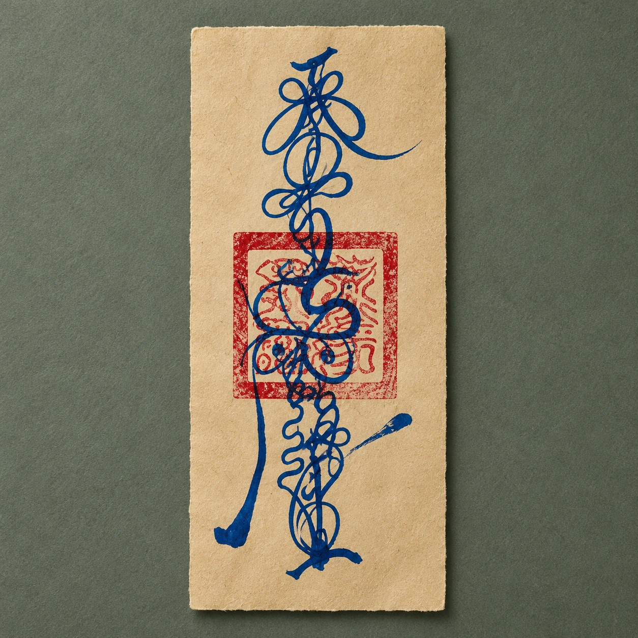Marshal Yin talisman with blue brushwork and a red seal