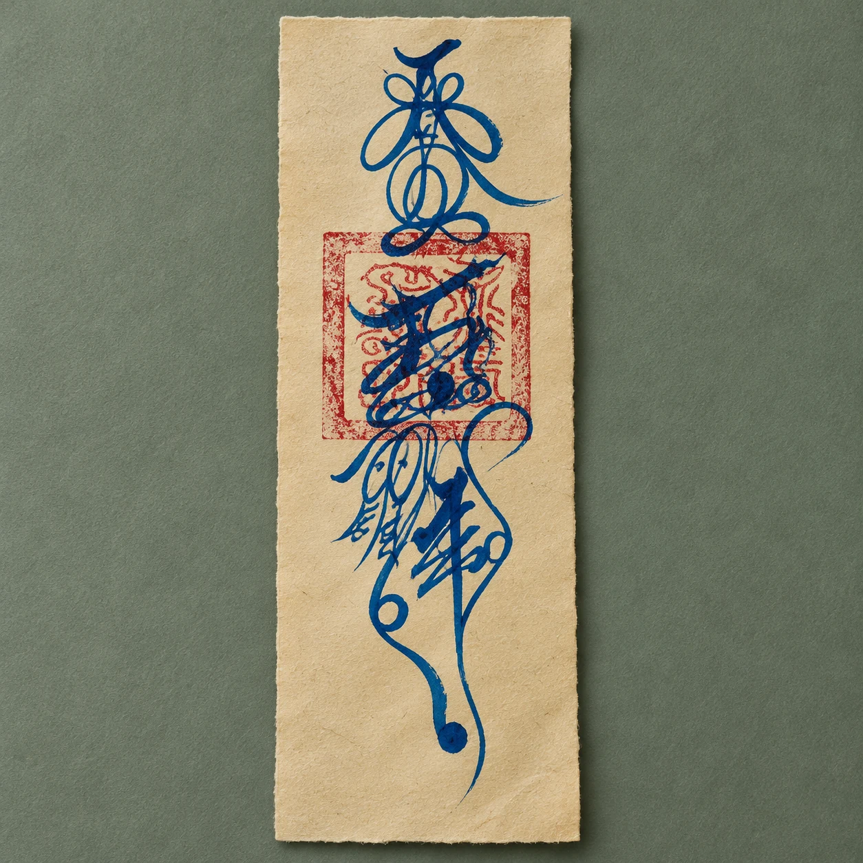 Marshal Zhao talisman with blue brushwork and a red seal
