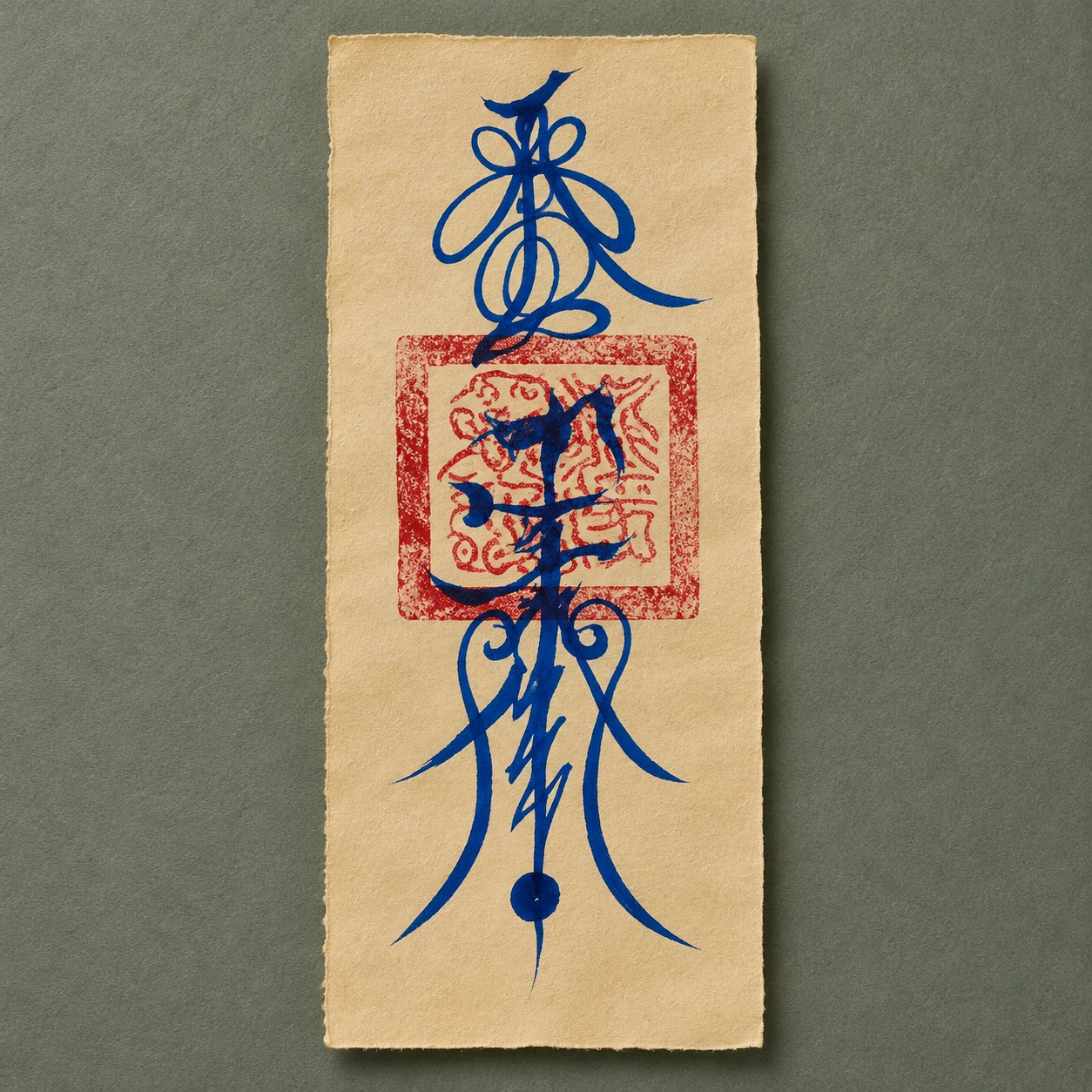 Marshal Zhu talisman with blue brushwork and a red seal