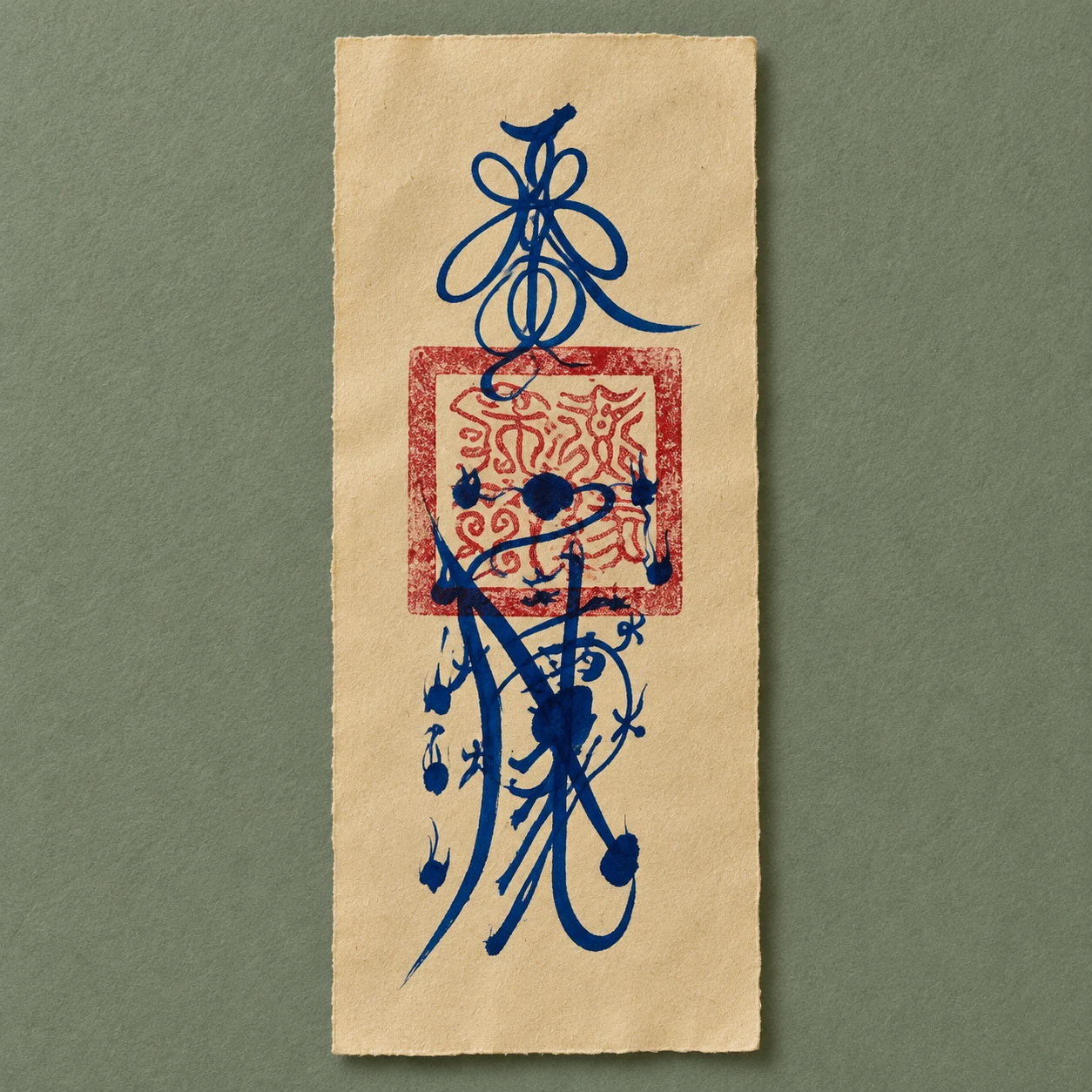 Wang Lingguan talisman with blue brushwork and a red seal